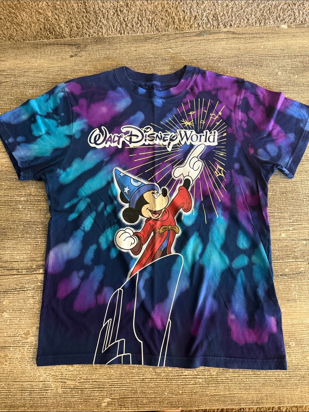 Walt Disney World Sorcerer Mickey navy blue and purple tie dye t shirt